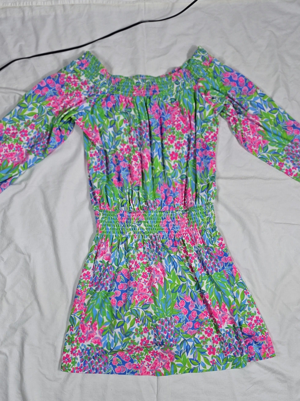 Lilly Pulitzer Off-Shoulder Floral Dress in Pink, Blue & Green - Picture 11 of 12